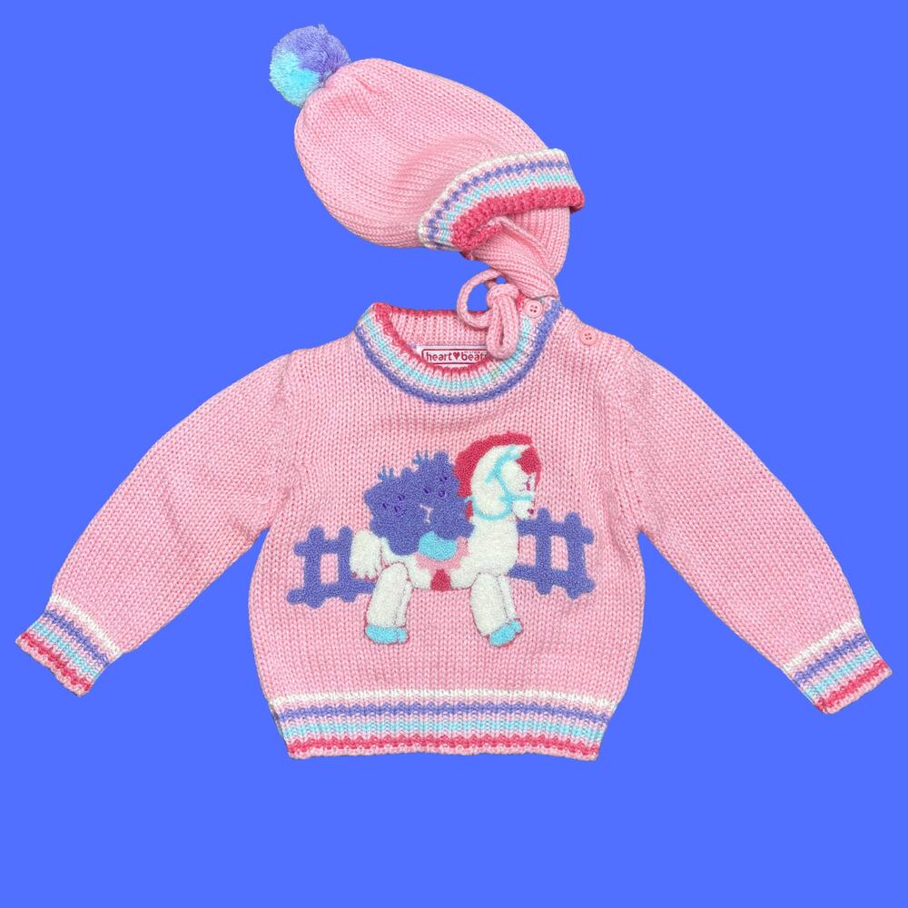 Vintage Sweater Beanie Set Baby 12Mos Pink Heartbeat Little Pony Acrylic Pom-Pom